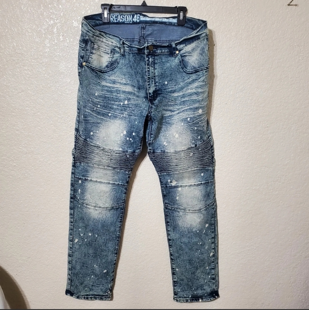 Men's Streetwear Skater Gusset Knees Reason 46 Supply Company NY Acid Wash Jeans